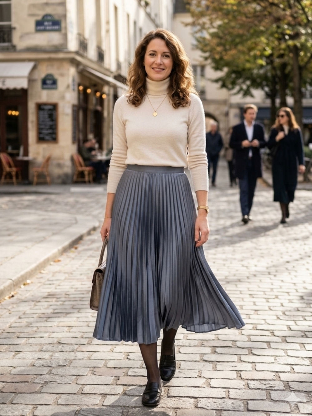 Solitaire Pleated Satin A-Line Skirt in Navy